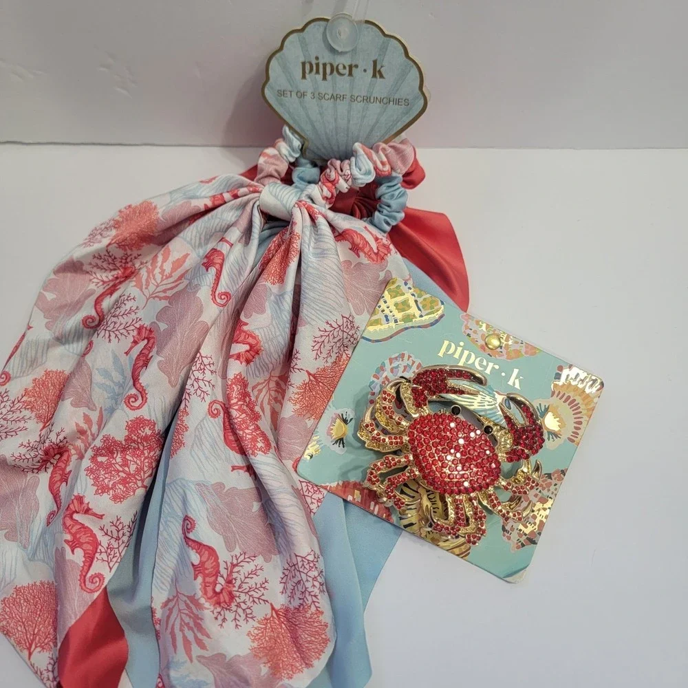 Piper K Coastal Scarf and Rhinestone CRAB Gold Hair Claw Clip Nautical SEA‎ LIFE